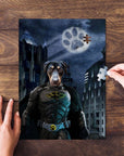 Personalized Batdog pet puzzle featuring a Doberman in a superhero costume, with a paw print moon.