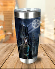 Personalized stainless steel tumbler with a custom Batdog pet portrait in a dark city scene.