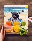 Personalized 'Beach Dog' puzzle featuring a pug in a Hawaiian shirt on a beach with tropical drinks.