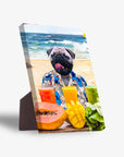 Personalized 'Beach Dog' standing canvas featuring a pug in a Hawaiian shirt on a beach, with tropical fruits.