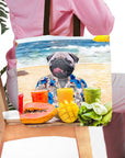Personalized 'Beach Dog' tote bag with a custom pug pet portrait in a Hawaiian shirt on a beach.