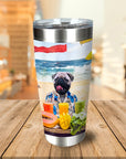 Personalized stainless steel tumbler with a cartoon pug dog in a Hawaiian shirt on a beach.