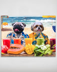 Personalized 'Beach Dogs' poster featuring a pug and shih tzu in Hawaiian shirts on a beach with drinks.