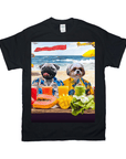 Black Gildan unisex t-shirt featuring a personalized graphic of two dogs in Hawaiian shirts on a beach, with fruit and drinks.