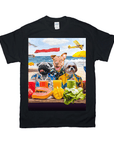 Black Gildan t-shirt with a personalized design of three dogs in Hawaiian shirts on a beach, with fruit and drinks.