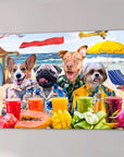 Four personalized pets, a corgi, pug, pitbull, and shih tzu, in Hawaiian shirts on a beach canvas.