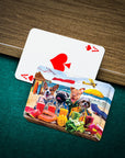 Personalized playing cards featuring four dogs in Hawaiian shirts on a beach, with an Ace of Spades card.