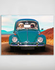 Personalized 'The Beetle' poster featuring a Shih Tzu and a Pug in a teal vintage car on a desert road.