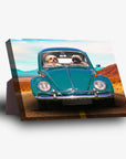 Personalized standing canvas featuring two pets in a teal vintage Beetle car on a desert road.