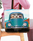Personalized pet portrait tote bag featuring three dogs in a vintage teal car.