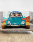 Personalized pet portrait blanket featuring four dogs in a teal vintage Beetle car.