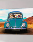 Personalized 'The Beetle' canvas featuring four dogs in a teal vintage car on a desert road.