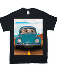 Black Gildan t-shirt with a graphic of four dogs riding in a teal vintage Beetle car on a desert road.