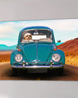 Personalized pet canvas featuring a cute dog driving a teal vintage Beetle on a desert road.