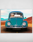 Personalized poster of a Shih Tzu dog driving a teal vintage Beetle car on a desert road.