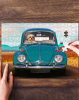 Personalized pet puzzle featuring a dog in a teal vintage Beetle car, with a hand placing the last piece.