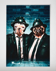 Personalized 'The Blues Doggos' poster featuring two pets dressed in black suits and fedoras against a blue brick wall.