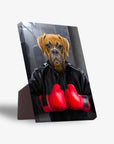 Personalized Boxer dog pet portrait on a standing canvas, featuring a dog in a black hoodie and red boxing gloves.