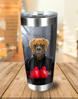 Personalized stainless steel tumbler with a custom Boxer dog pet portrait in a boxing outfit.