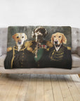 Personalized 3-pet renaissance royal portrait blanket featuring a yellow lab, German shorthaired pointer, and golden retriever.