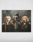 Personalized "The Brigade" poster featuring three pets in vintage military uniforms.