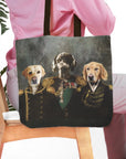 Personalized 3-pet tote bag featuring custom renaissance-style portraits of a Labrador, German Shorthaired Pointer, and Golden Retriever.