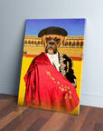 Personalized Boxer dog canvas in a bullfighter costume with a red cape, black hat, and ornate jacket.