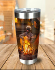 Personalized stainless steel tumbler with a cartoon pug playing guitar by a campfire.