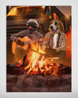 Personalized "The Campers" poster featuring a pug playing guitar and a beagle by a campfire.