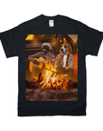 Black Gildan t-shirt with two dogs, a pug and a beagle, camping by a campfire, one playing guitar.