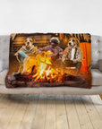 Personalized 3 pet blanket with dogs camping around a campfire, one playing guitar.