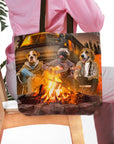 Personalized 3-pet tote bag with dogs in "The Campers" portrait style around a campfire.