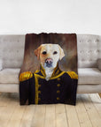 Custom personalized pet blanket with a yellow lab dog in a renaissance captain's uniform.