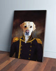 Personalized pet canvas featuring a yellow lab in a dark blue "Captain" uniform with gold epaulets.