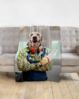 Personalized pet blanket with a Doggovinci portrait of a Weimaraner dog dressed as a carpenter.
