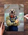 Personalized pet puzzle featuring a Weimaraner dog in a carpenter outfit with orange headphones.