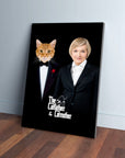 Custom "The Catfather & Catmother" canvas featuring an orange cat in a tuxedo and a woman in a suit.