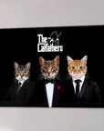 Personalized 'The Catfathers' canvas featuring three pets in black suits against a black background.