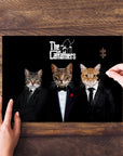 Personalized 3-pet "The Catfathers" puzzle with three cats in suits, one piece being placed.