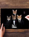 Custom "The Catfathers" personalized 4-pet puzzle with cats in suits, on a wooden table.