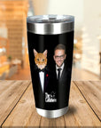 Personalized black stainless steel tumbler with a custom "The Catfathers" portrait of a man and an orange cat in tuxedos.