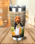 Personalized stainless steel tumbler with a custom dog portrait as a cheerleader in a stadium.