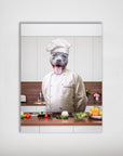 Personalized dog poster featuring a grey pitbull's head on a chef's body in a kitchen, preparing food.