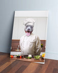 Personalized 'The Chef' pet canvas featuring a smiling grey pitbull in a white chef's uniform, standing in a kitchen.