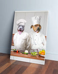 Personalized canvas art of two dogs as chefs in white uniforms, preparing food on a wooden counter.