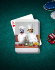 Personalized playing cards featuring two custom pet dog portraits as chefs on a green felt table with poker chips and dice.