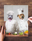 Personalized 2-pet puzzle featuring two dogs dressed as chefs, with vegetables on a wooden counter.