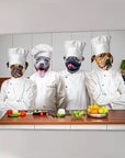 Four personalized pet portraits as chefs in white uniforms and hats, standing in a kitchen.