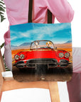 Personalized tote bag with two dog portraits in a red classic car, desert landscape background.
