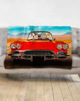 Personalized pet portrait blanket featuring three dogs in a red classic car on a desert road.